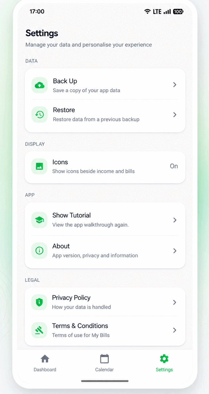 My Bills Settings screen with Backup, Restore, and Privacy Policy and Terms & Conditions options